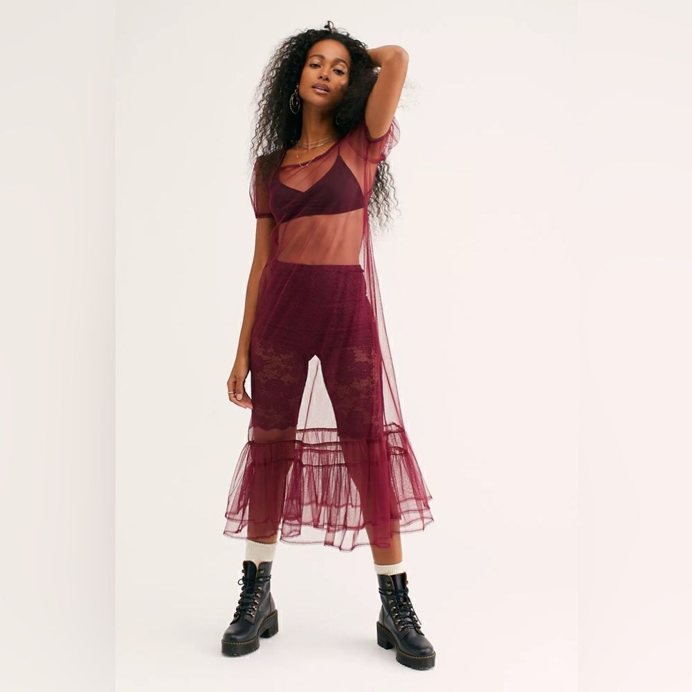 Free People Intimately Sheer Midi Slip Small Burgundy - Picture 2 of 9